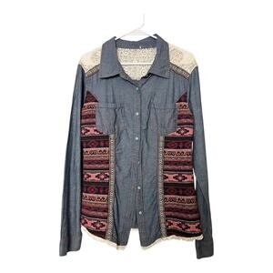 Boho Chambray Button-Up Shirt with Pink Patterned Panels